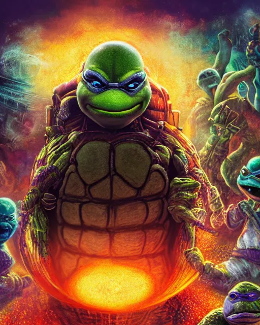 Prompt: portrait ultra dimensional teenage mutant ninja turtles entity, accidentally tripping on dmt and acid, psychedelic experience, overwhelming psychosis of self realization and burning awakening, ultra high definition, unreal engine 5, hyperrealism, masterpiece composition, by casey weldon, barclay shaw 8 k photorealistic