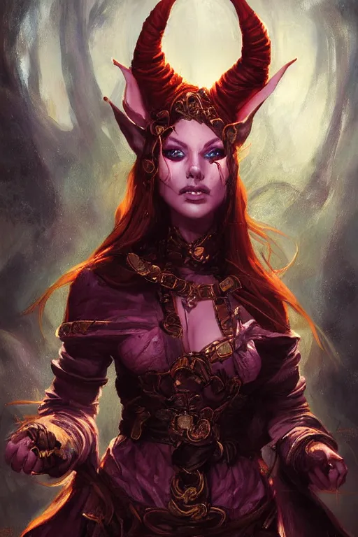 Prompt: Enchanting Warlock teifling painted by Raymond Swanland