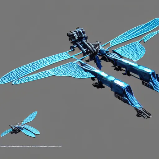 Prompt: a mechanized dragonfly with wings spread out, landing gear for legs, orthographic view, top down view, bottom view, side view, blueprints, mecha, helicopter, space shuttle, robotic, highly detailed, artstation, super realistic, unreal engine
