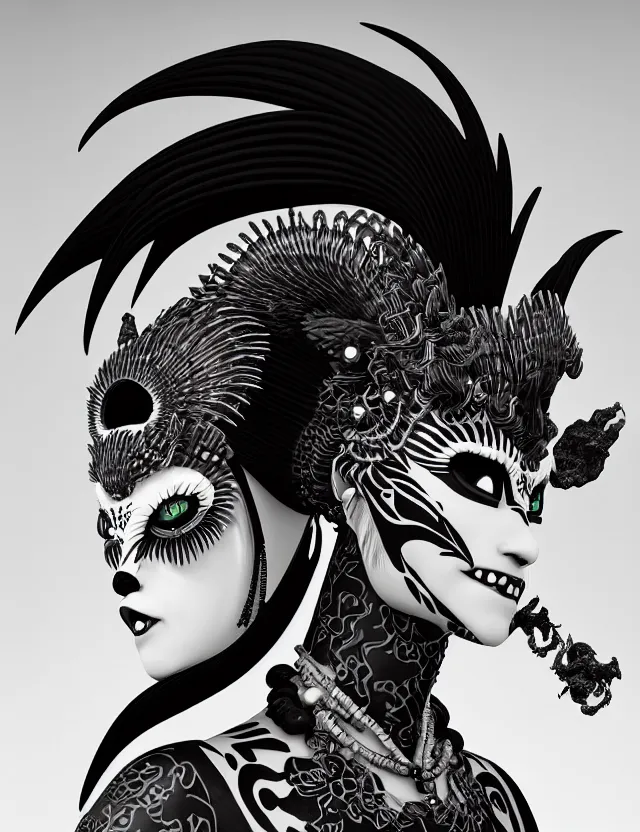 Image similar to 3 d goddess close - up profile portrait punk with mohawk with ram skull. beautiful intricately detailed japanese crow kitsune mask and clasical japanese kimono. betta fish, jellyfish phoenix, bio luminescent, plasma, ice, water, wind, creature, artwork by tooth wu and wlop and beeple and greg rutkowski