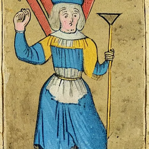 Image similar to a 1 8 th century illustration manuscript illustration of a medieval peasant holding a large blue trident above his head.