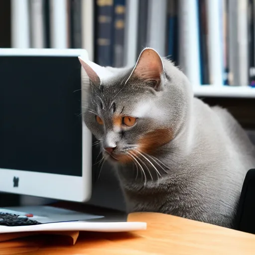 Image similar to cat working at a computer, photo, 8k