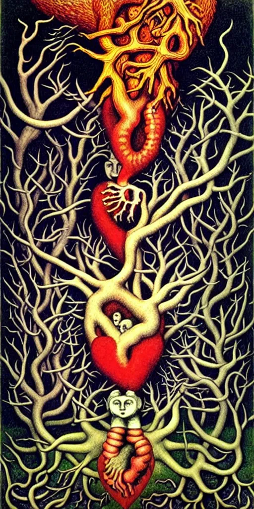 Image similar to mythical creatures and monsters in the visceral anatomical human heart imaginal realm of the collective unconscious, in a dark surreal painting by johfra, mc escher and ronny khalil