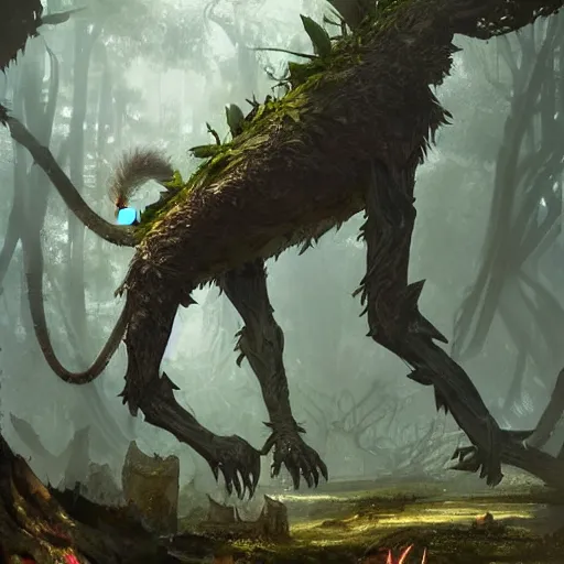 Prompt: a rat creature, in the shape of a tree, in a corrupted forest, by greg rutkowski, trending on art station, highly detailed, magic the gathering, matte painting