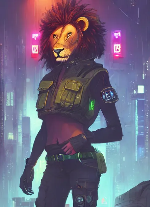 Prompt: beautiful portrait commission of a female furry anthro lion wearing a bullet proof vest and cargo pants. Cyberpunk city at night in the rain. Neon light. Atmospheric. Character design by charlie bowater, ross tran, artgerm, and makoto shinkai, detailed, inked, western comic book art