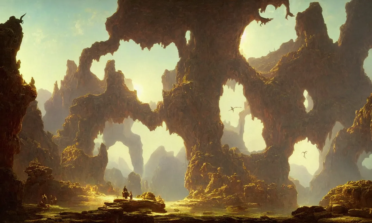 Prompt: A beautiful cave with an arena stage by Simon Stålenhag and Albert Bierstadt, oil on canvas, with a dragon flying above the temples