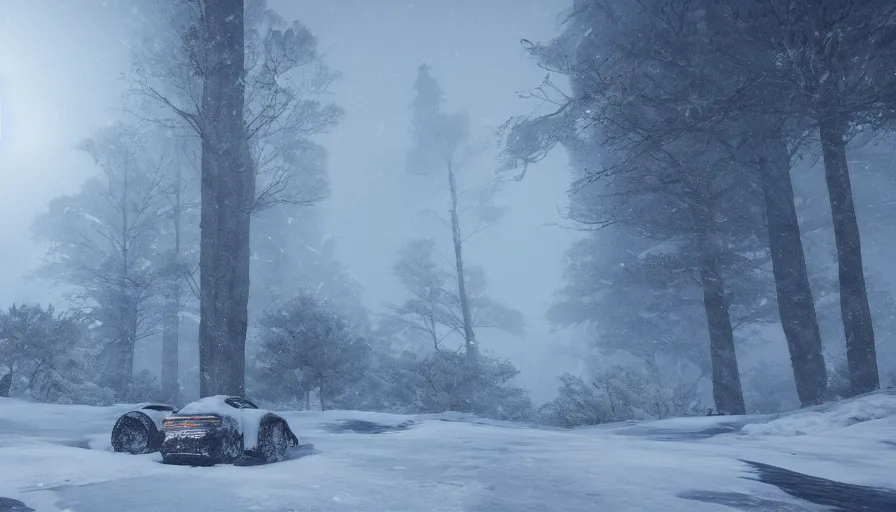 Image similar to Unreal Engine Survival Game in a blizzard, Heavy Thick snow, Fog and Mist, Beautiful dark Landscape, Distant Lights, Hyperrealistic, Hyperdetailed, Concept Art, High Snow