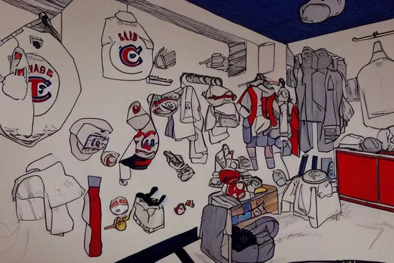 Prompt: habs hockey dressing room, style of studio ghibli + moebius + basquiat, cute,