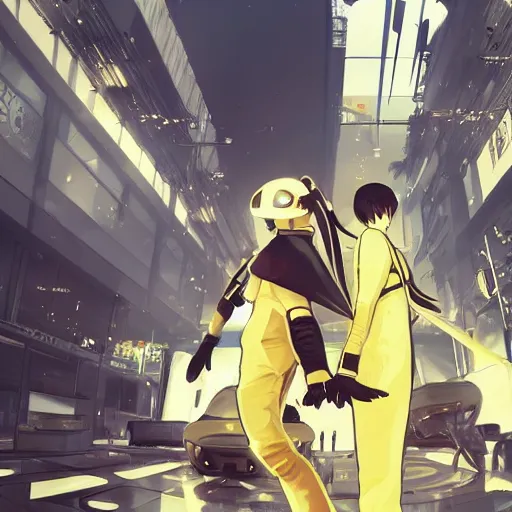 Image similar to luxury advertisement, white and yellow colors. highly detailed post-cyberpunk sci-fi asian city in style of cytus and deemo, mysterious vibes, by Ilya Kuvshinov, by Greg Tocchini, nier:automata, set in half-life 2, beautiful with eerie vibes, very inspirational, very stylish, surrealistic, perfect digital art, mystical journey in strange world, bastion game