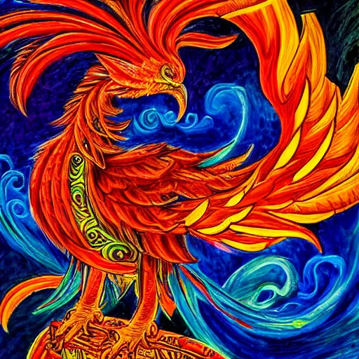 Prompt: beautiful phoenix bird with long tail made of flames, detailed painting in the style of josephine wall 4 k