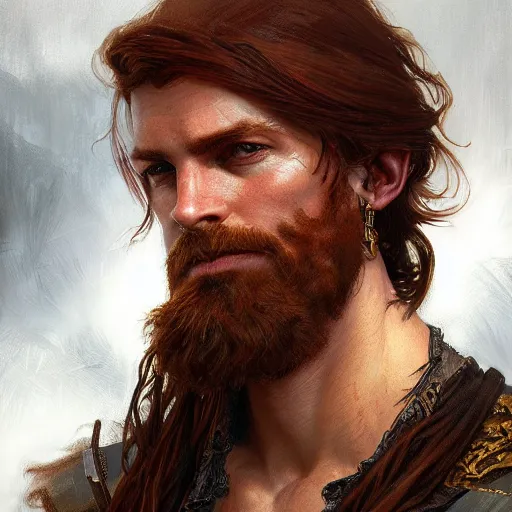 Prompt: portrait of a young pirate, male, rugged, masculine, handsome, upper body, red hair, long hair, D&D, fantasy, intricate, elegant, highly detailed, cinematic lighting, digital painting, artstation, concept art, cutscene, sharp focus, illustration, art by Artgerm and Greg Rutkowski and Alphonse Mucha