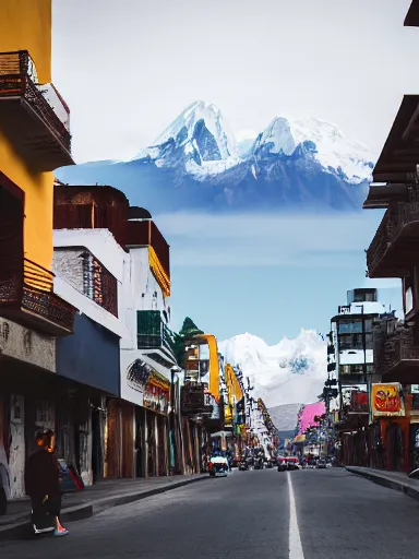 Prompt: a photography of elvis presley in the streets of la paz, with the illimani in the background, profesional photography, 1 4 mm, cinematic photography, high resolution, 8 k