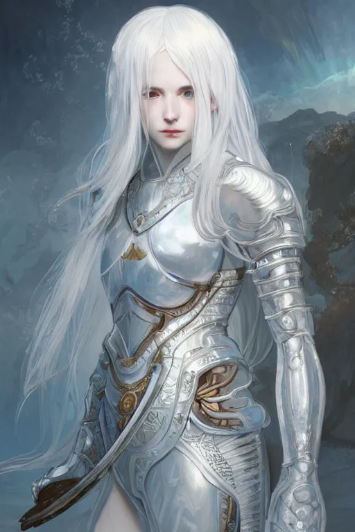 Image similar to portrait white hair knights of Zodiac girl, Sliver ice color reflected armor, in ruined Agora of Athens Sunrise, ssci-fi and fantasy, intricate and very very beautiful and elegant, highly detailed, digital painting, artstation, concept art, smooth and sharp focus, illustration, art by tian zi and WLOP and alphonse mucha