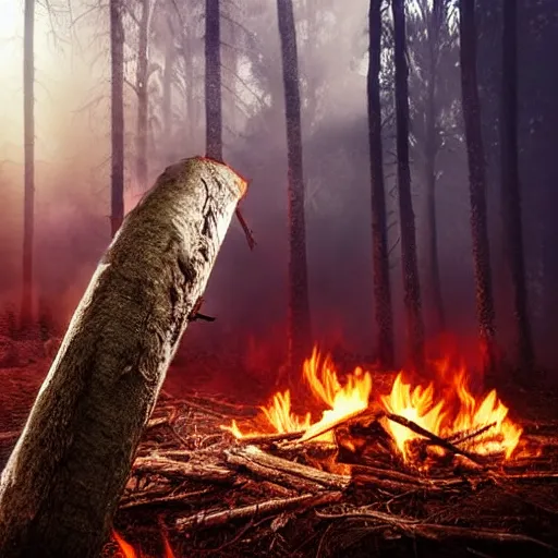 Prompt: extreme log shot, man vs wild, hugh grant, born survivor, face with beard, extreme, wide shot, sunset ligthing, forest and fear, worms, bonfire, art by karcz michal,