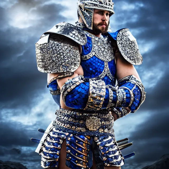 Prompt: full body photo of a beautiful cute strong warrior king wearing sapphire encrusted armour, highly detailed, 8 k, hdr, smooth, sharp focus, high resolution, award - winning photo