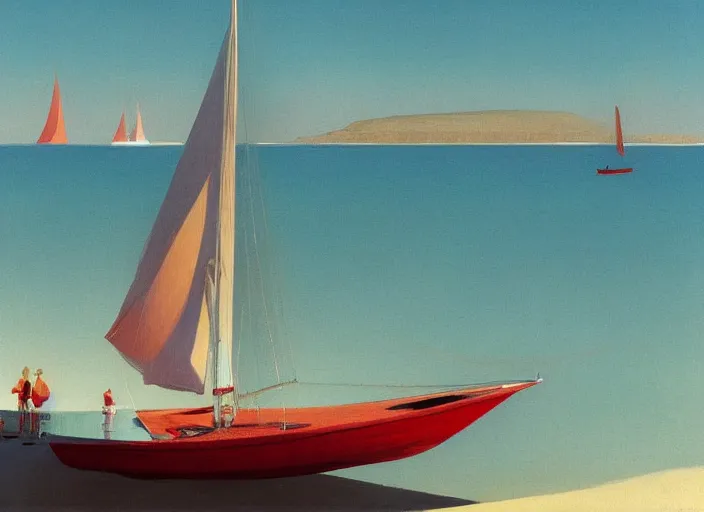 Prompt: woman on a beach, large sailboat with red sails, highly detailed, Edward Hopper and James Gilleard, Zdzislaw Beksinski highly detailed