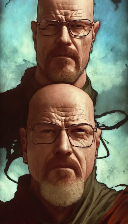 Image similar to Heisenberg as Kratos, highly detailed, digital painting, artstation, concept art, smooth, sharp focus, illustration, ArtStation, art by artgerm and greg rutkowski and alphonse mucha and J. C. Leyendecker and Edmund Blair Leighton and Katsuhiro Otomo and Geof Darrow and Phil hale and Ashley wood and Ilya repin and Charlie Bowater