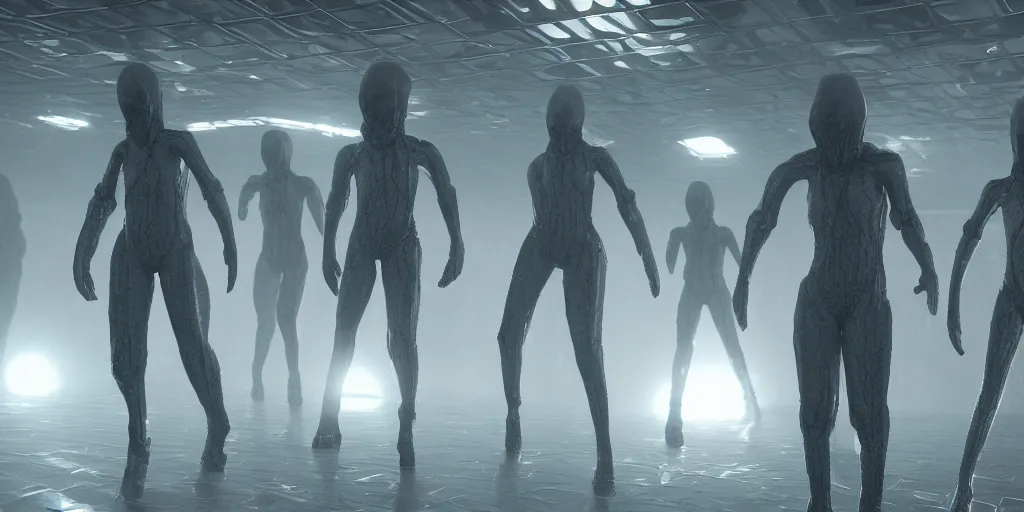 Prompt: sci - fi alien squad in wet cloaks, infiltrating on the ceiling at midnight storm, lightning, unreal engine 5, octane, volumetric light