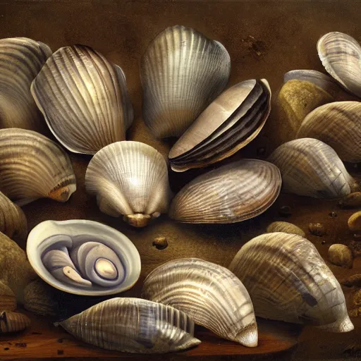 Image similar to bivalve, sea shell, mystery of the deep, quahogs. greg rutkowski, gustavo dore, national geographic, spiral, mollusc.