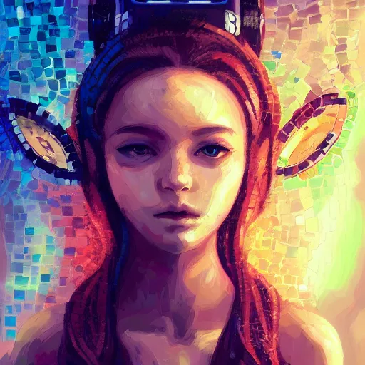 Prompt: mosaic portrait of a beautiful young girl with robot ears falling into the universe by Ross Tran, 4k, intricate details