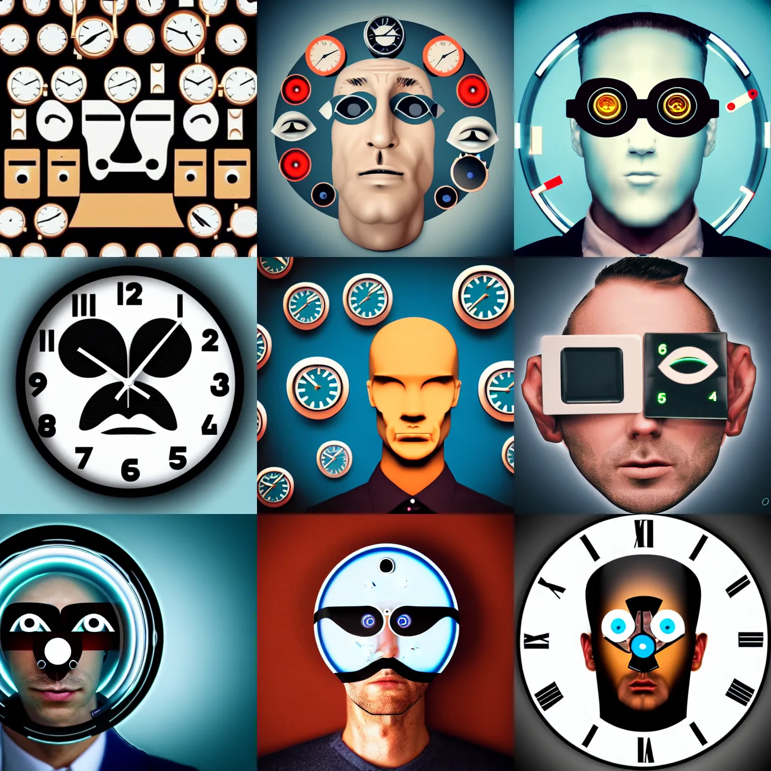 Prompt: retro futuristic mans face with clocks for his eyes surreal, absurd