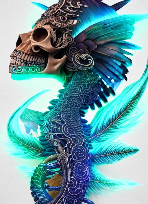 Image similar to 3 d shaman with tattoos profile portrait, sigma 5 0 0 mm f / 5. beautiful intricate highly detailed quetzalcoatl skull and feathers. bioluminescent, plasma, lava, ice, water, wind, creature, thunderstorm! artwork by tooth wu and wlop and beeple and greg rutkowski, 8 k trending on artstation,