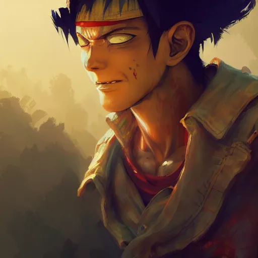 Prompt: Luffy, digital painting, artstation, concept art, Craig Mullins, Breathtaking, 8k resolution, extremely detailed, beautiful, establishing shot, artistic, hyperrealistic, octane render, cinematic lighting, dramatic lighting, masterpiece, light brazen, extremely detailed and beautiful face