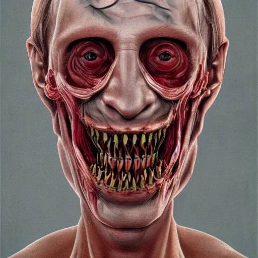 Image similar to a portrait of vladimir putin's, flesh eating worms, macabre, horror saw teeth, horror rotten teeth, peeling face skin, by junji ito and zdzisław beksinski, realistic face, visible face, digital art, artstation, symmetry