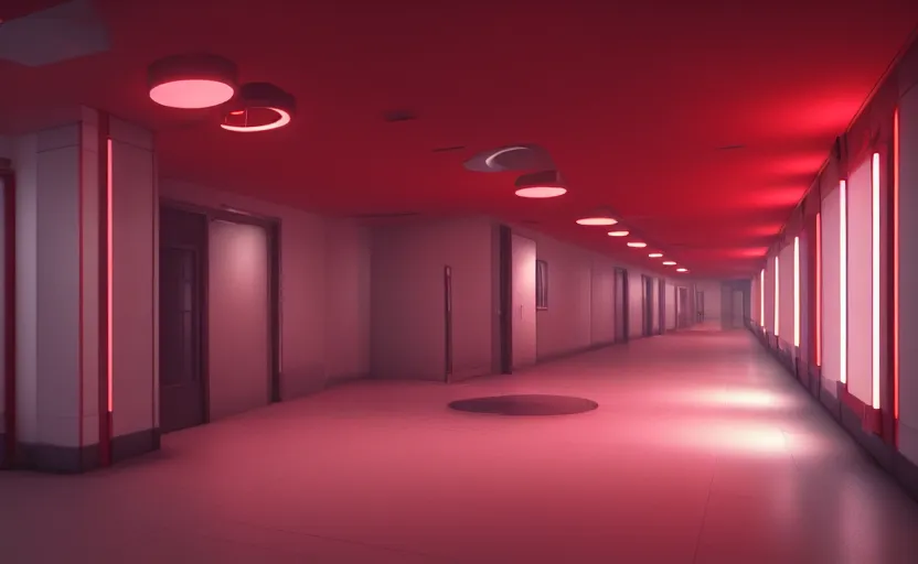 Prompt: an hallway in hospital with red lights in the roof, octane render, artstation trending, highly detailded