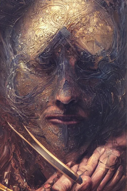 Prompt: realistic detailed painting of freman from Arrakis, blue eyes, knife fighter, intricate complexity, golden ratio, Kojima, Amano, Charlie Bowater, Karol Bak, Greg Hildebrandt, Jean Delville, and Mark Brooks, Neo-Gothic, gothic, rich deep colors