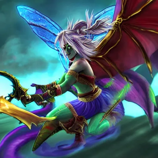 Prompt: flying fairy fighting against dragon demon in style of warcraft