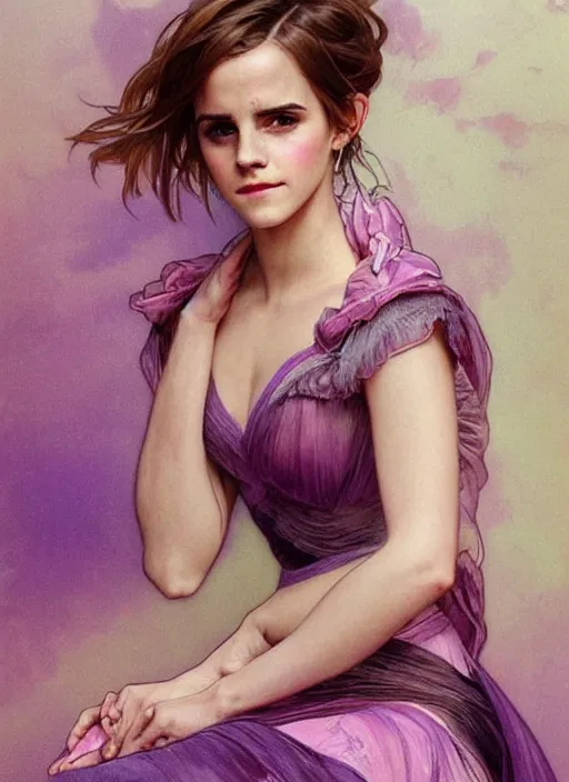 Image similar to emma watson wearing revealing elegant pink and purple dress with flounces. beautiful detailed face. by artgerm and greg rutkowski and alphonse mucha