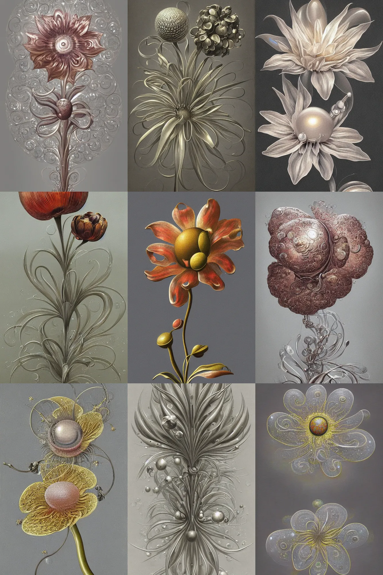 Prompt: a painting of a metallic flower on a gray background, an airbrush painting by Earnst Haeckel, trending on zbrush central, cloisonnism, high detail, detailed painting, biomorphic, bubbles.