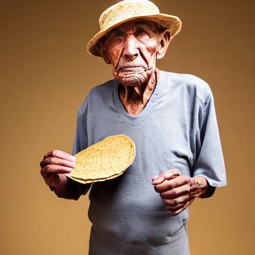 Image similar to an elderly man wearing a hat made from a tortilla, bold natural colors, national geographic photography, masterpiece, 8 k, raw, unedited, symmetrical balance