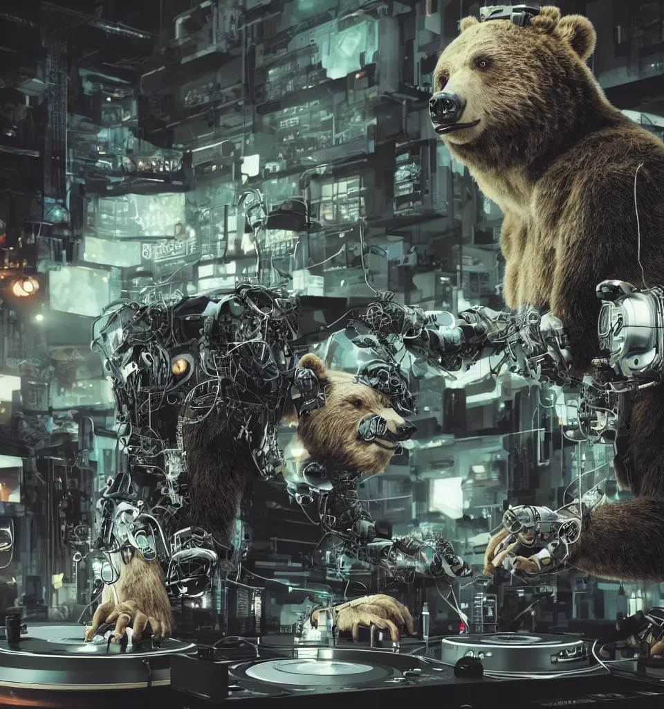 Prompt: an anthropomorphic cyborg grizzly bear dj mixing records on stage, photorealistic, highly detailed, illustration, lifelike, highly detailed, intricate, octane render, sharp focus, cyberpunk,