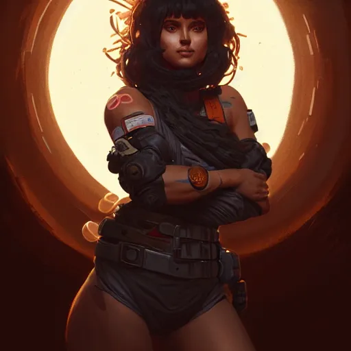 Image similar to full body portrait of loba from apex legends, mischievous expression, sultry smirk, bangs and wavy hair, intricate, elegant, glowing lights, highly detailed, digital painting, artstation, concept art, smooth, sharp focus, illustration, art by wlop, mars ravelo and greg rutkowski