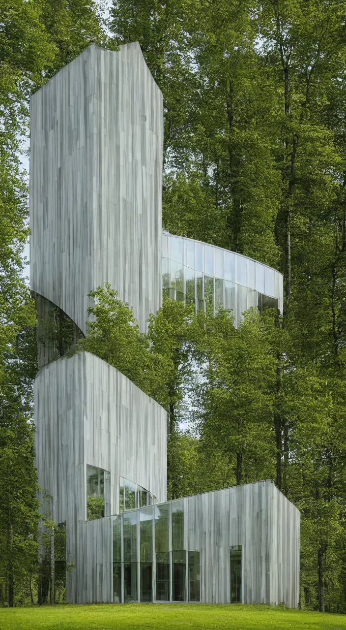 Prompt: a photo of a contemporary glass building in a scandinavian forest covered in concrete. the concrete is smooth mat white. grass and oak trees surround the building at dusk. french neoclassical architecture, in the style boullee, deuxieme projet pour la bibliotheque du roi