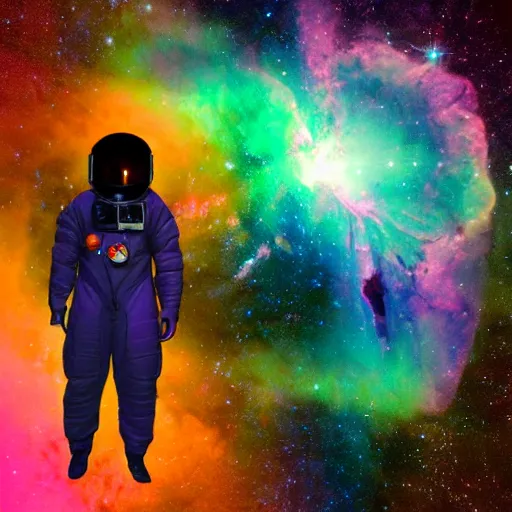 Image similar to modern double exposure monochrome spacesuit over a brilliant iridescent nebula. orange, pink, purple color ombre.