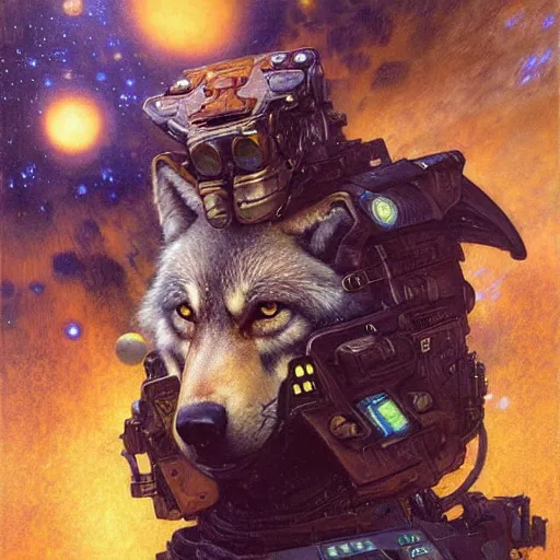 Prompt: portrait of a wolf in uniform starship stars. shadowrun furaffiniy cyberpunk fantasy highly detailed painting by gaston bussiere craig mullins jc leyendecker gustav klimt artgerm greg rutkowski john berkey, bergey, craig mullins, ruan jia, raymond swanland, jeremy mann, tom lovell, alex malveda