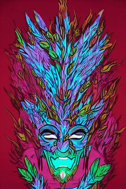 Image similar to animal mask totem roots flower tribal feather gemstone plant wood rock shaman vodoo video game vector cutout illustration vivid multicolor borderlands comics by josan gonzales and dan mumford radiating a glowing aura