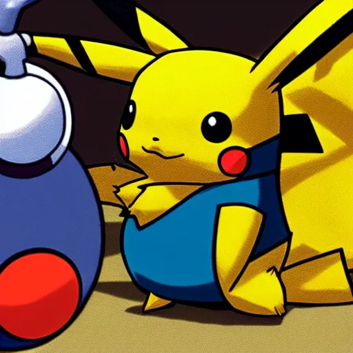 Image similar to pikachu laying down in fetal position, machoke behind him