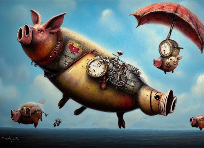 Image similar to detailed oil painting of flying pigs by marc simonette and alexander jansson, concept art