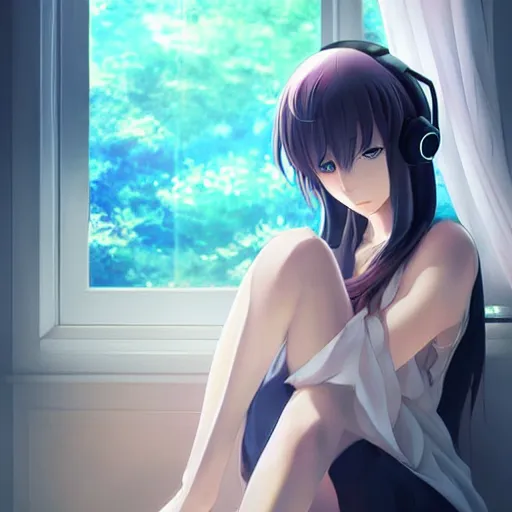 Prompt: anime beautiful girl sits on the sofa and listens to music, the sun shines through the window, clear face, beautiful body, dream light, highly detailed, 8 k, pixiv, in style of kyoto animation, art by artgerm and cushart krenz