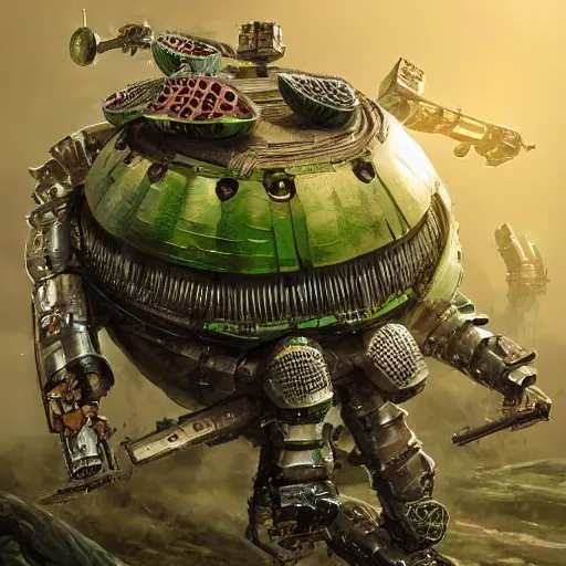Prompt: Very very very very highly detailed sci-fi Watermelon war machine. Realistic Concept digital art in style of Hiromasa Ogura Gost in the shell, more watermelon less war machine, epic dimensional light