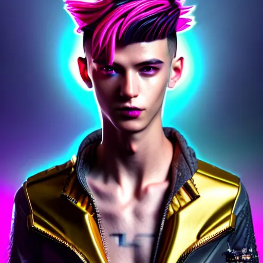 Image similar to hyperdetailed portrait of a stunningly beautiful cyberpunk cutie european boy with short dark hair guard made of iridescent metals and shiny pink gems, bright rainbow nimbus, gold necklace, gold background inspired by ross tran and masamune shirow and kuvshinov, intricate, photorealistic, octane render, rtx, hdr, unreal engine, dnd digital art by artgerm