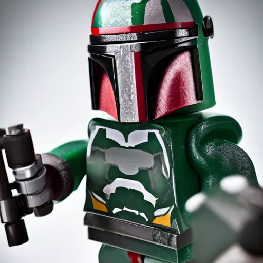 Image similar to Boba Fett lego mini figure, macro photography, detailed, 8k