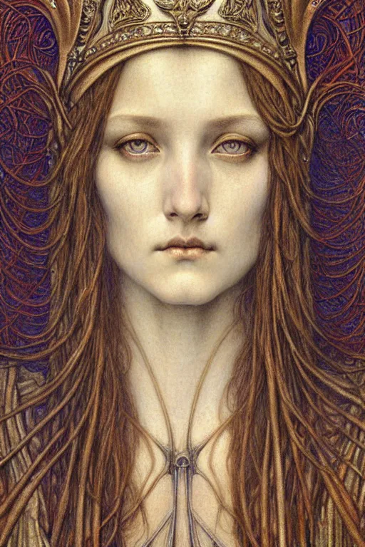 Image similar to detailed realistic beautiful young medieval queen face portrait by jean delville, gustave dore and marco mazzoni, art nouveau, symbolist, visionary, gothic, pre - raphaelite. horizontal symmetry