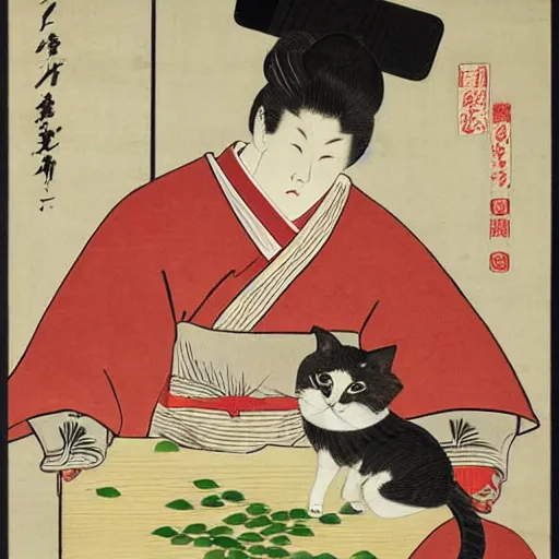 Image similar to angry handsome japanese butcher slices up parsley with a tabby cat sitting next to him, vintage, painting by utamaro