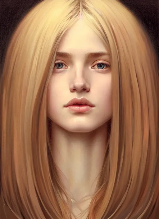 Image similar to beautiful symmetrical face, portrait of young woman blessed with ever - increasing physical and mental perfection, realism, blonde hair, perfect face!! intricate, elegant, highly detailed, vision of holy perfection!! digital painting, artstation, concept art, smooth, sharp focus, illustration, humanity, art by artgerm and greg rutkowski and alphonse mucha