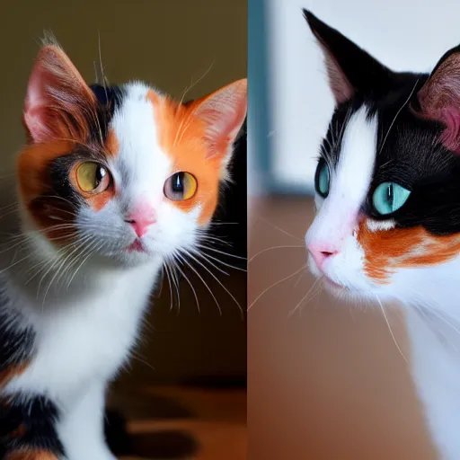 Image similar to a calico kitty side view and front view